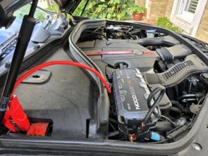 London jump start service — NOCO Boost Pro on Mercedes-AMG battery for roadside car battery jump start and diagnostics.