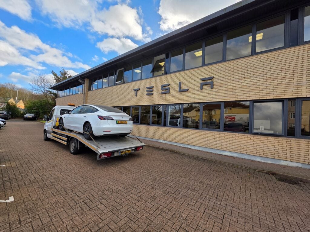 Flatbed towing service by London Auto Towing after a customer used our electric car recovery service to deliver a Tesla Model 3 to Tesla Heathrow.