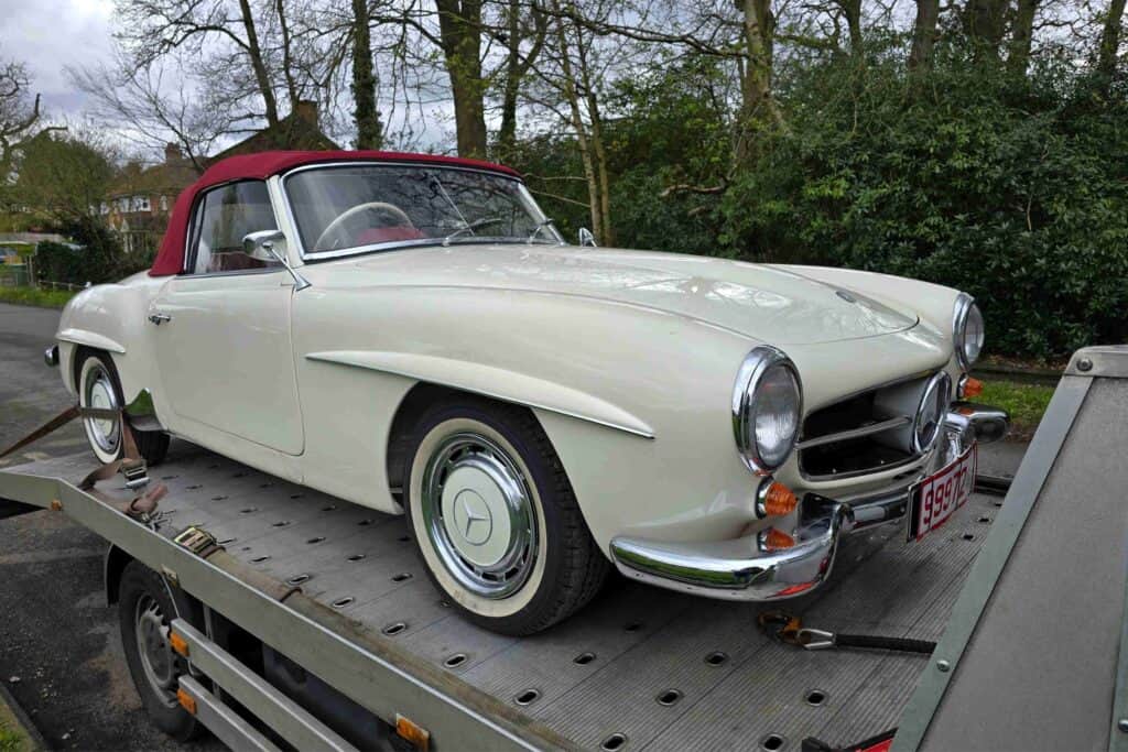 high value car recovery London — classic Mercedes on flatbed recovery truck