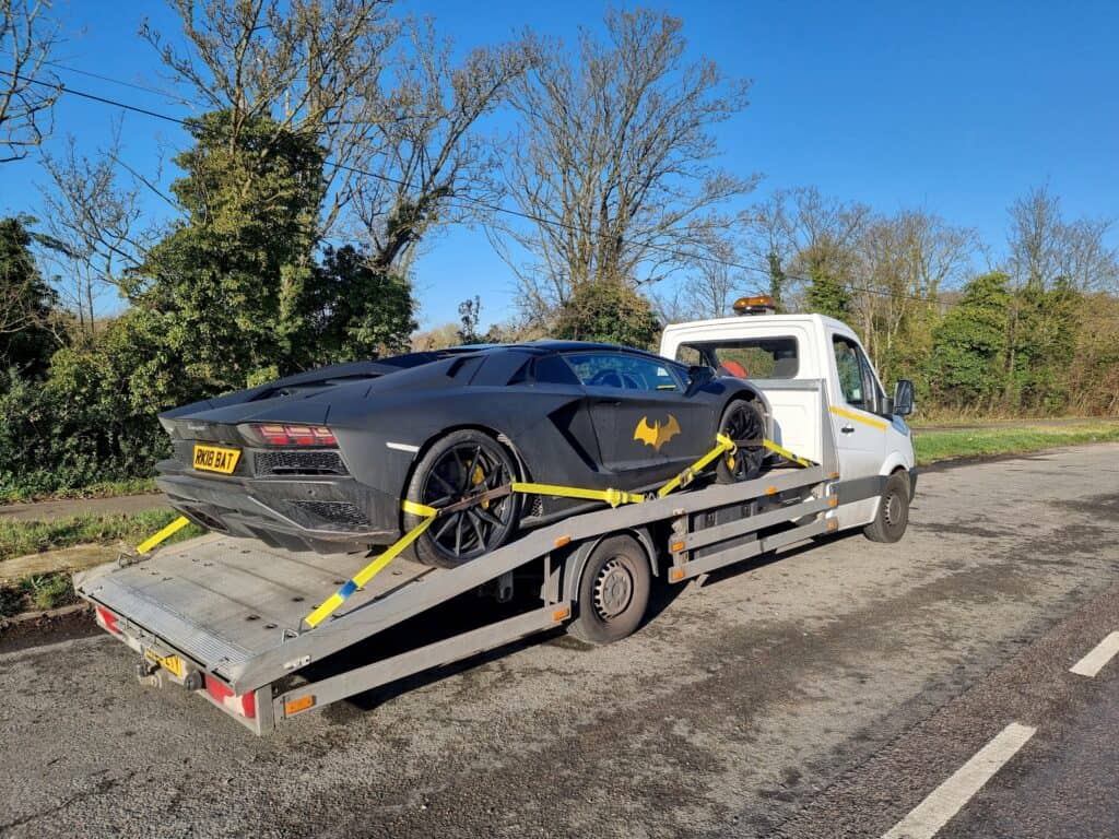 Lamborghini on flatbed recovery truck in London – high value car recovery by London Auto Towing