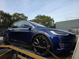 Tesla Model X being recovered on our flatbed recovery truck during a high value electric car recovery job in London.