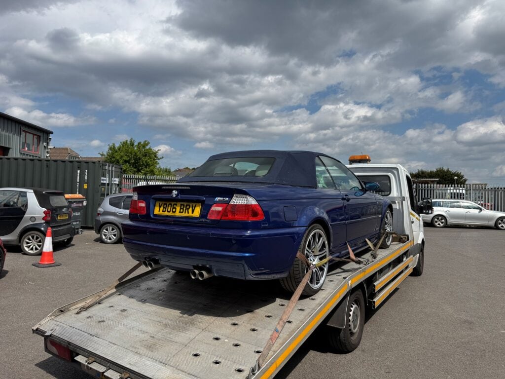 BMW M3 E46 Convertible recovery on flatbed tow truck after engine seized in London