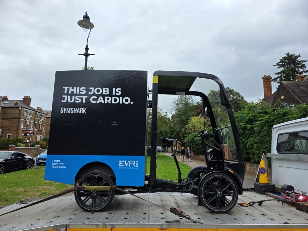 EVRi electric cargo bike loaded onto a recovery truck for e-cargo bike breakdown recovery in London