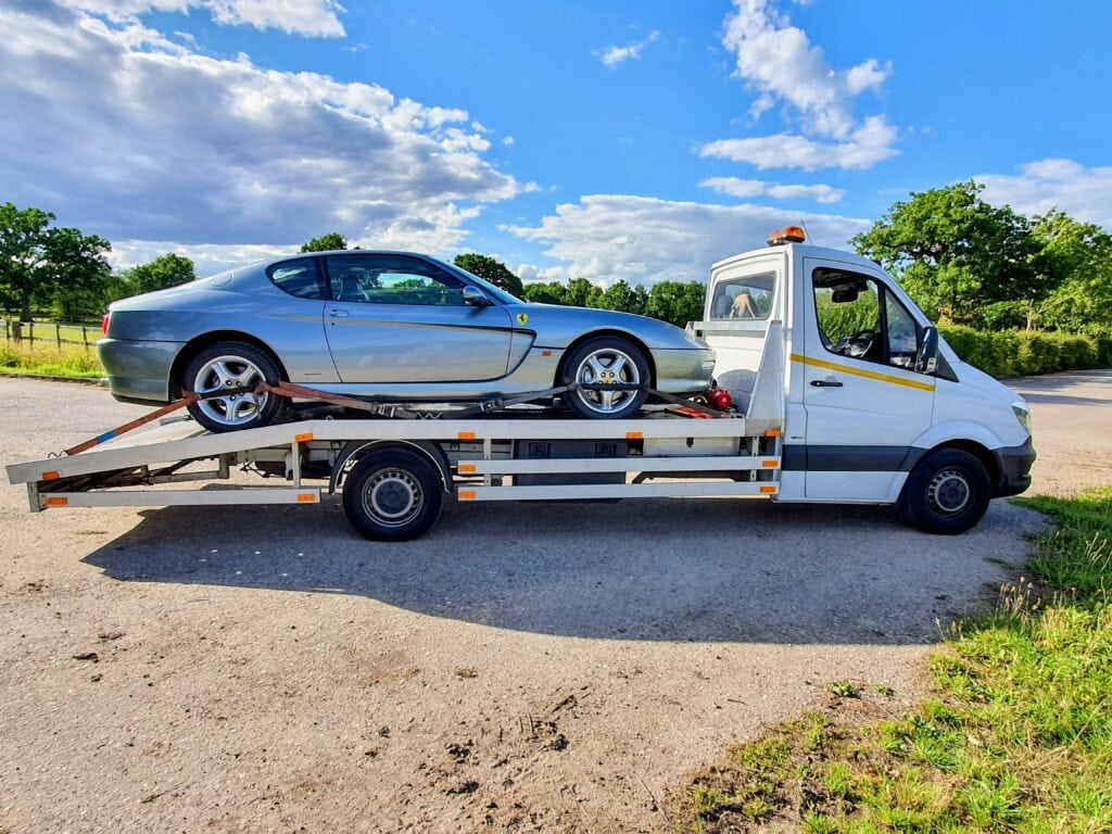 High value car transport for a Ferrari 612 Scaglietti Delivered safely to Silverstone Auctions using specialist recovery equipment.