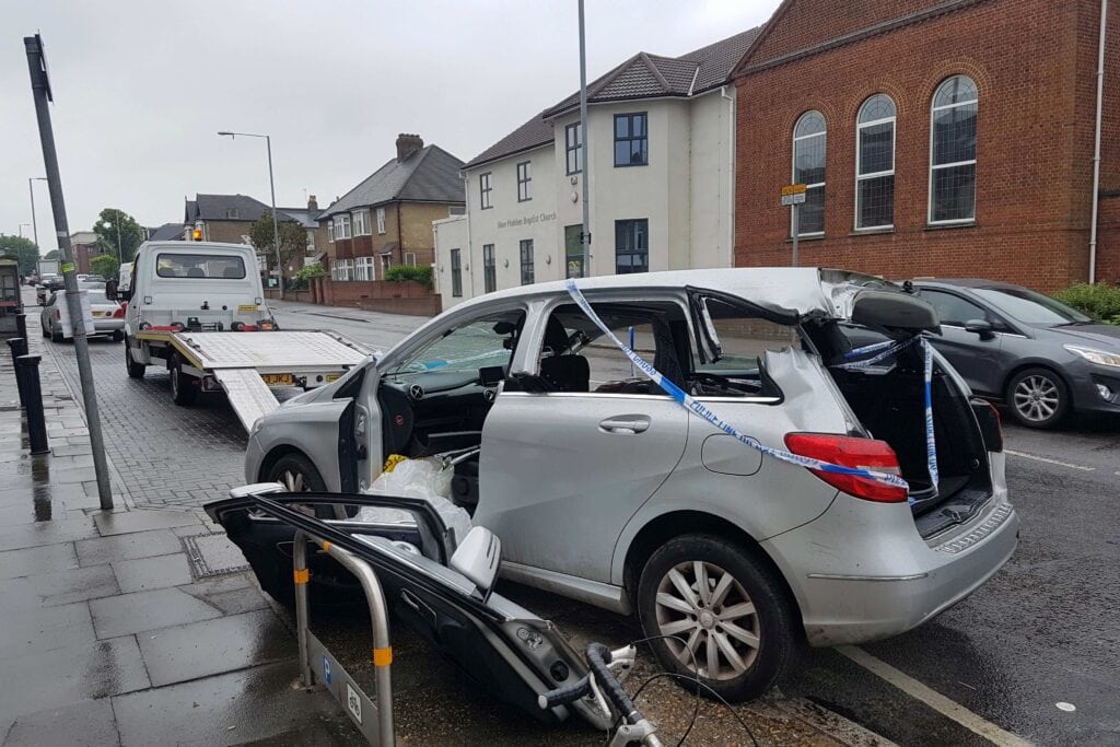 Mercedes B-Class with roof cut by fire brigade after a serious accident, recovered as a non-driveable vehicle in London