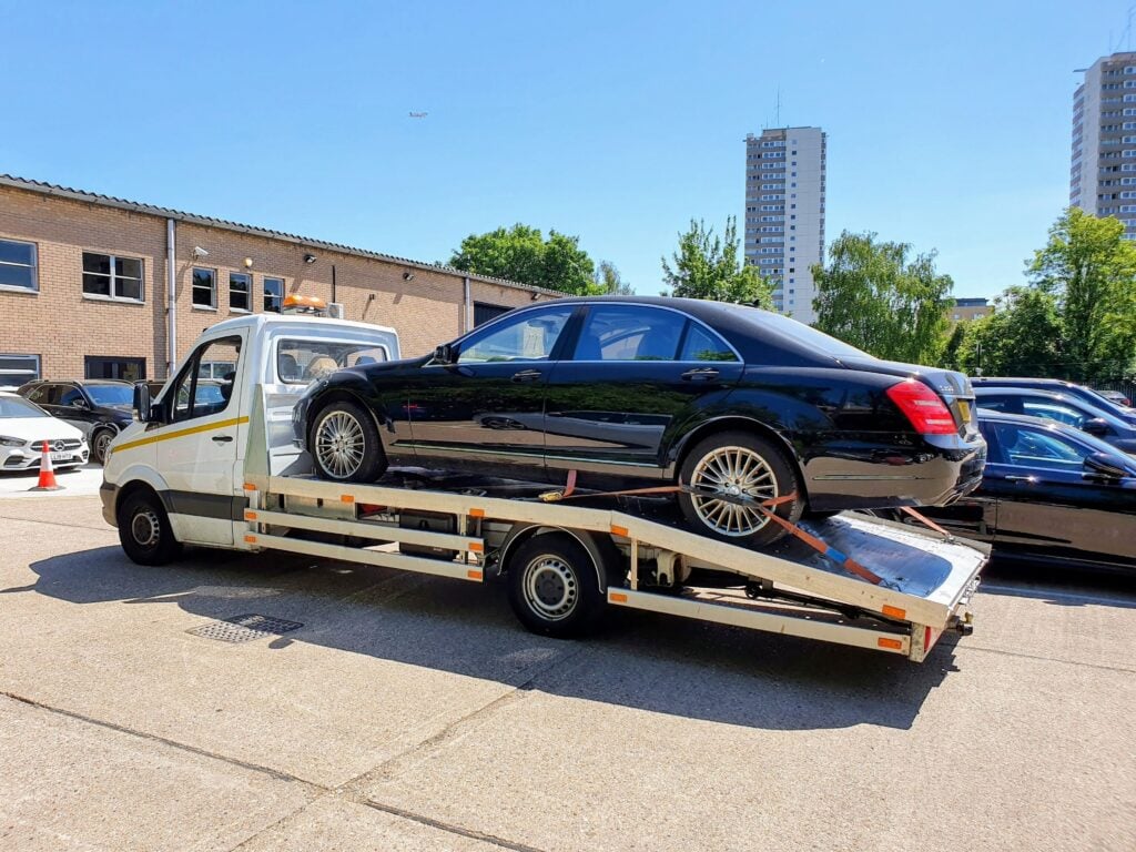 Mercedes S-Class non-runner recovery after key not recognised by ignition, secured on flatbed