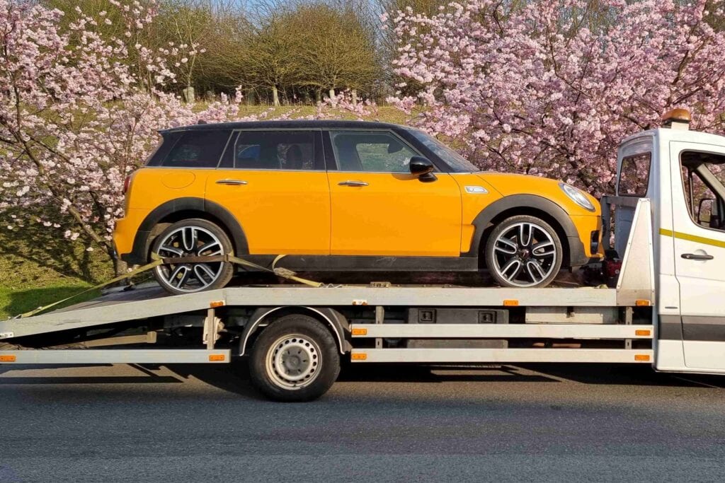 Mini Clubman non-runner recovery on flatbed tow truck due to automatic transmission issue in London
