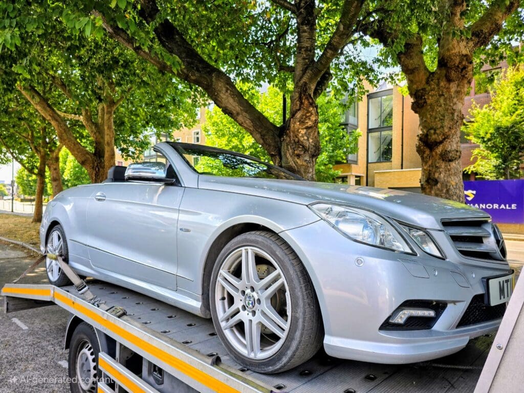 A silver Mercedes-Benz E-Class Cabriolet secured with straps on a flatbed recovery truck under green trees in London.