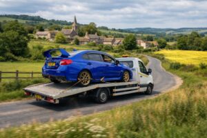 Blue Subaru WRX on a flatbed recovery truck for professional car recovery Kingston.