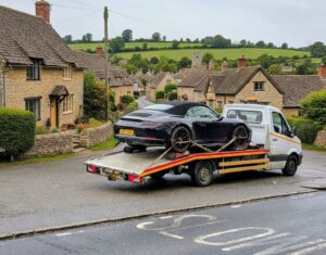 Black Porsche 911 convertible on flatbed recovery truck for professional towing service Kingston.