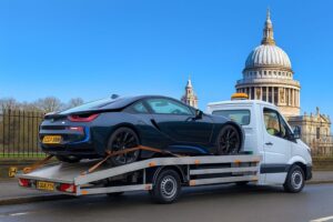 Black BMW i8 on a white flatbed recovery truck near St Paul's during expert electric car recovery in Kensington W8.