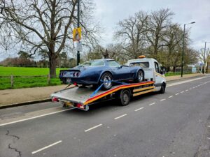 Chevrolet Corvette classic loaded on flatbed towing service Chiswick by London Auto Towing W4